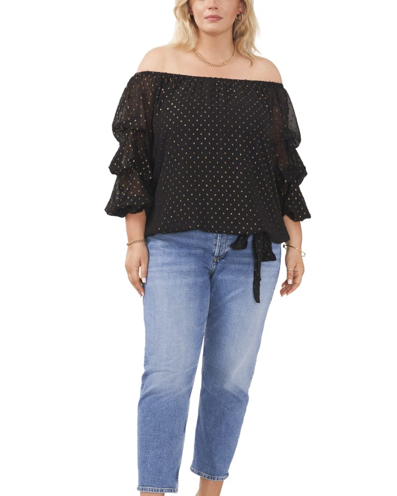 Front of a model wearing a size 1X Kiara Bubble Sleeve Blouse in RICH BLACK by Vince Camuto. | dia_product_style_image_id:261720